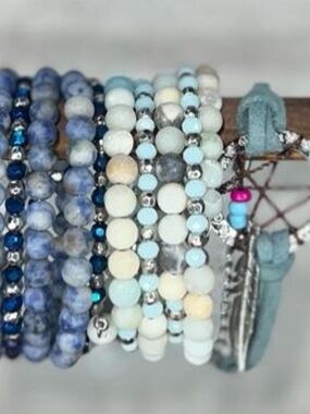 Stack of 3 Blue and white beaded cuff bracelet set with dream catcher